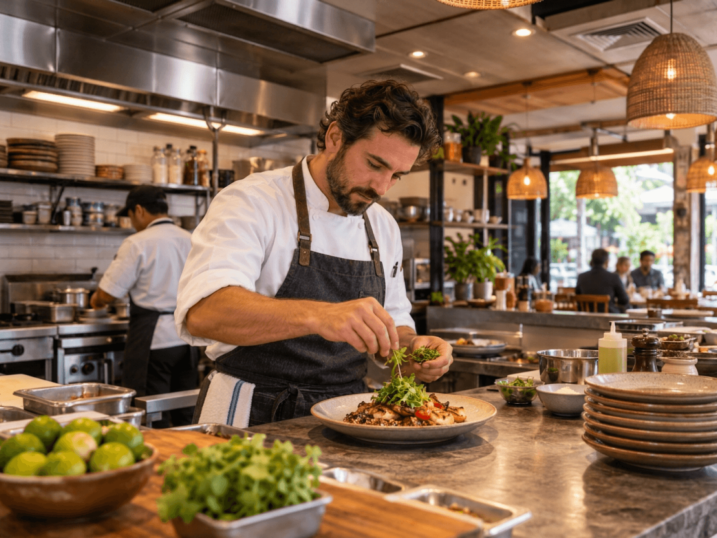 Una responsable observa el servicio mientras clientes y equipo mantienen activo un restaurante.