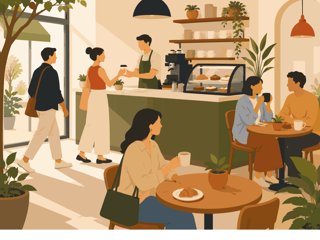 Escenas de clientes que regresan a un mismo negocio en momentos distintos.