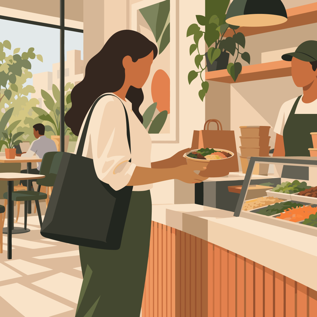 Una persona compra comida en un contexto cotidiano observable, sin convertir esa situación en un perfil demográfico.