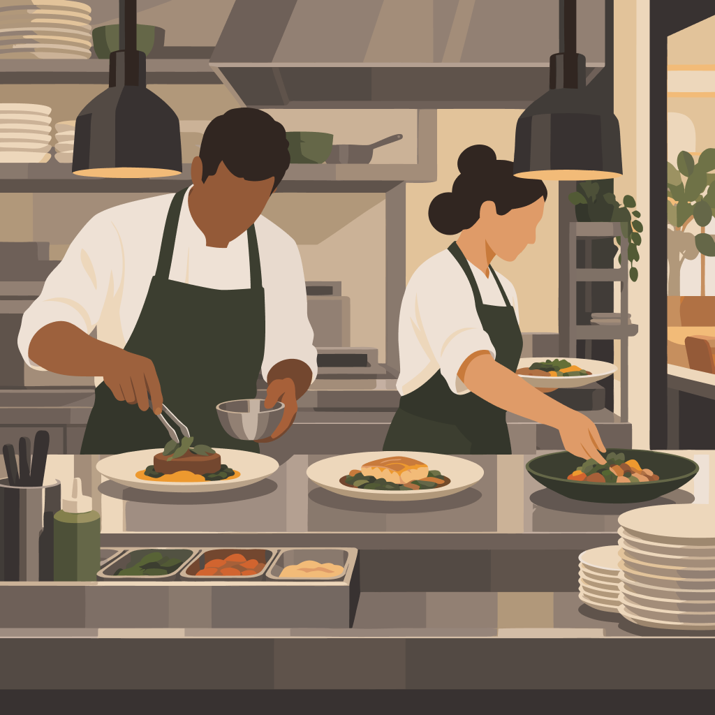 Un equipo trabaja en una estación de cocina con una carga simultánea visible y todavía manejable.