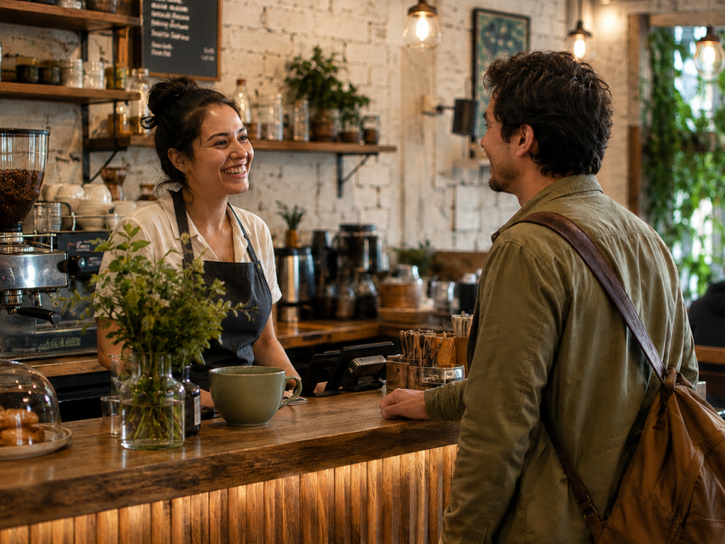 Una barista conversa con un cliente en la barra de una cafetería.