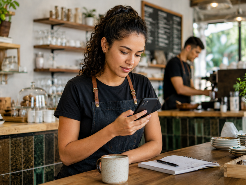 Una barista revisa un comentario en su celular mientras otro miembro del equipo continúa trabajando en una cafetería.