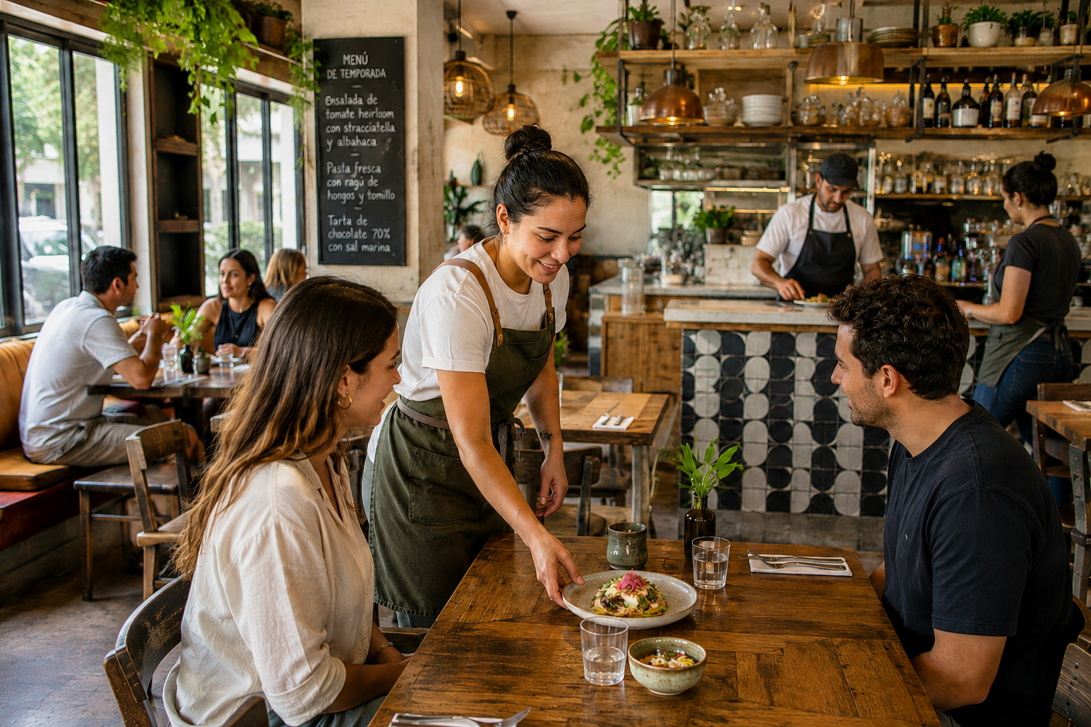 Una mesera sirve un plato a clientes en un restaurante-café concurrido, acogedor y bien cuidado.