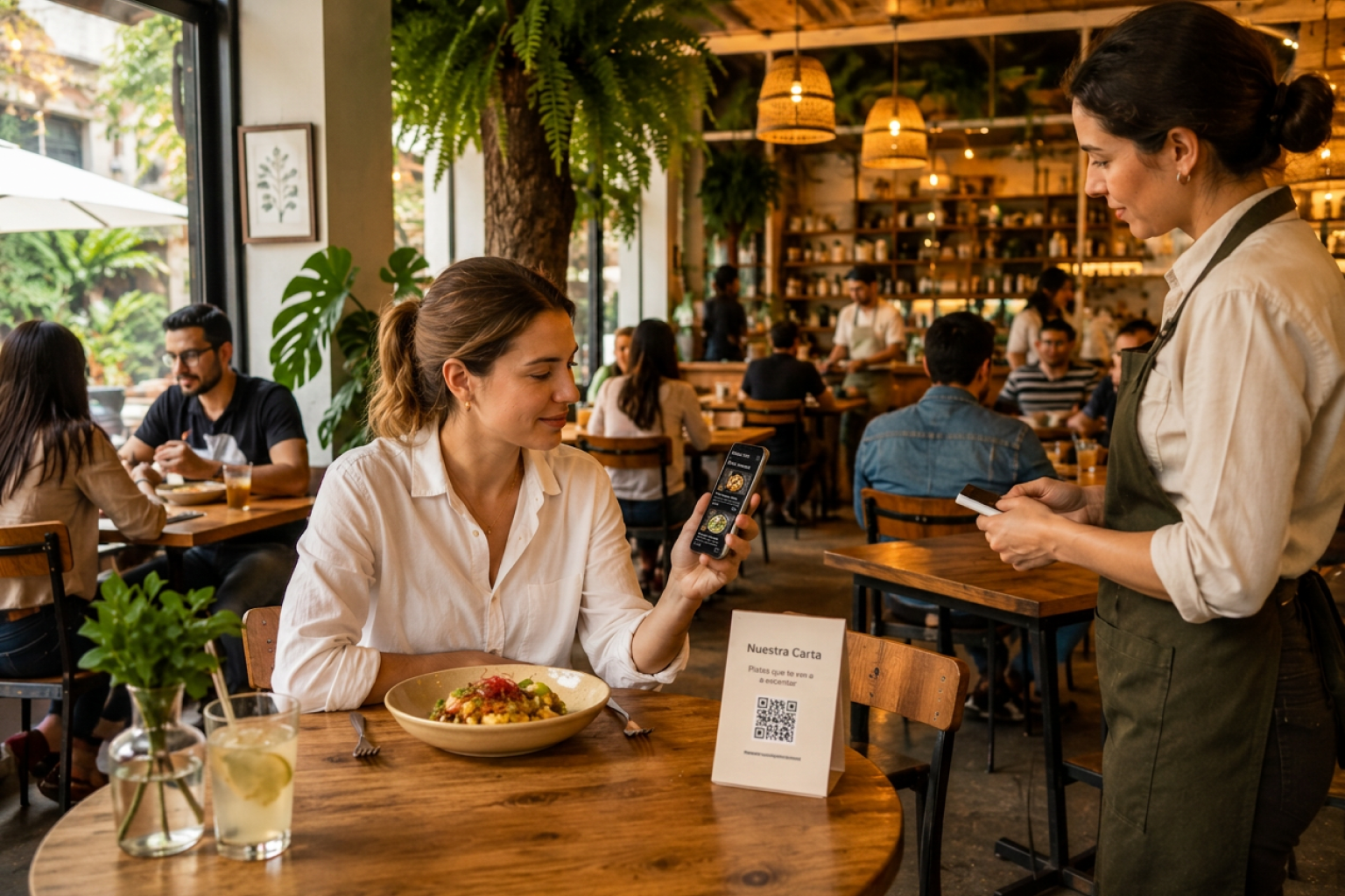 Una clienta consulta una carta digital en su teléfono mientras conversa con una persona del equipo en un restaurante activo.