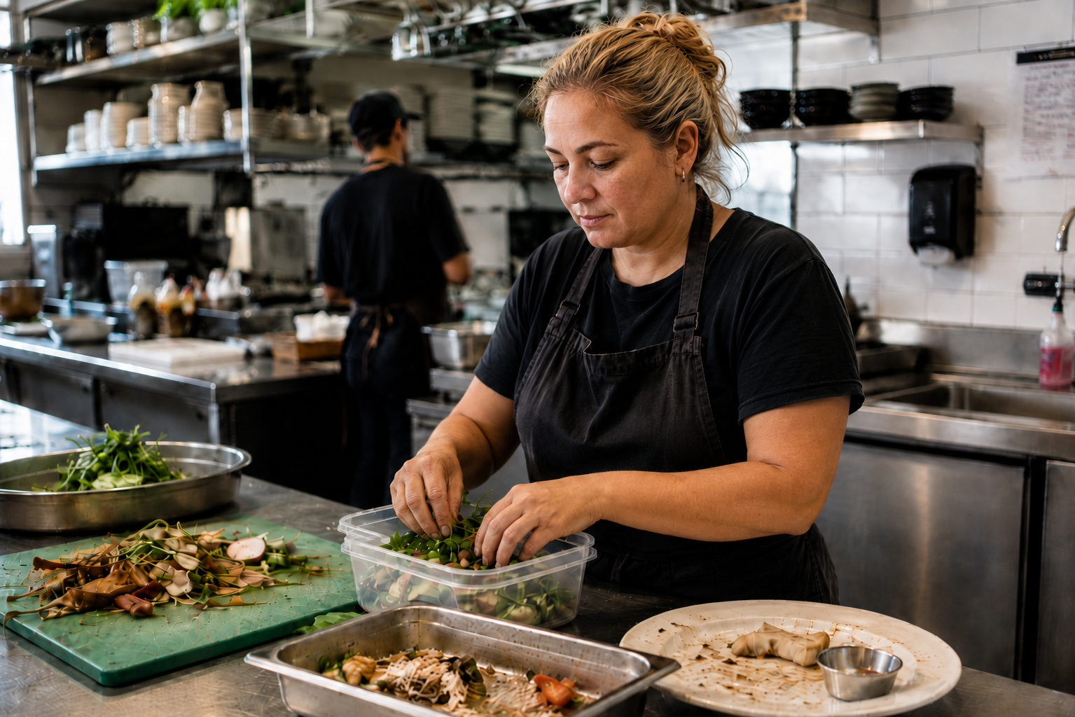 Una integrante del equipo separa una pequeña merma mientras otras preparaciones sobrantes permanecen visibles en distintos puntos de una estación de cocina.