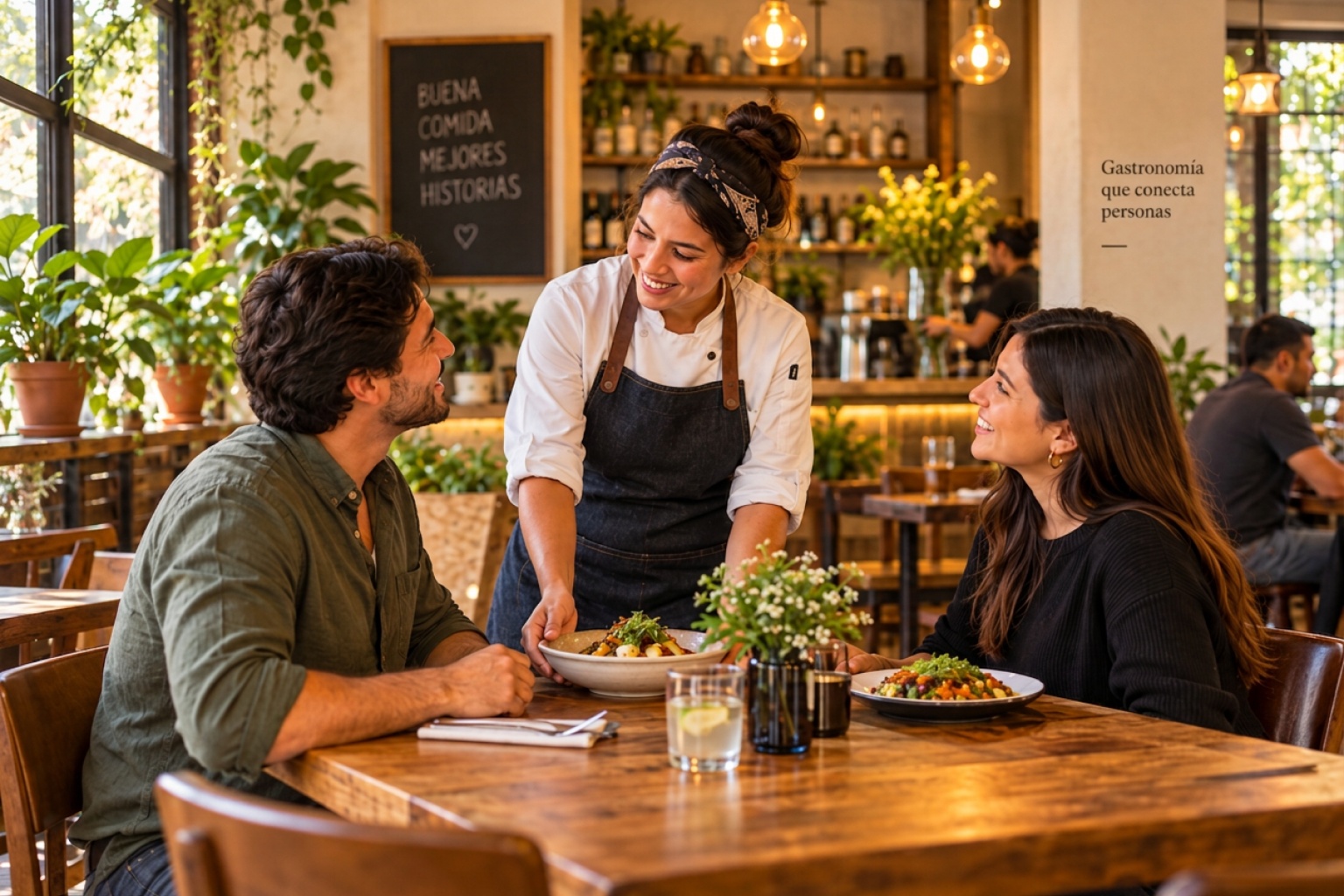 Una integrante del equipo de un restaurante sirve un plato a dos clientes en un ambiente cálido.