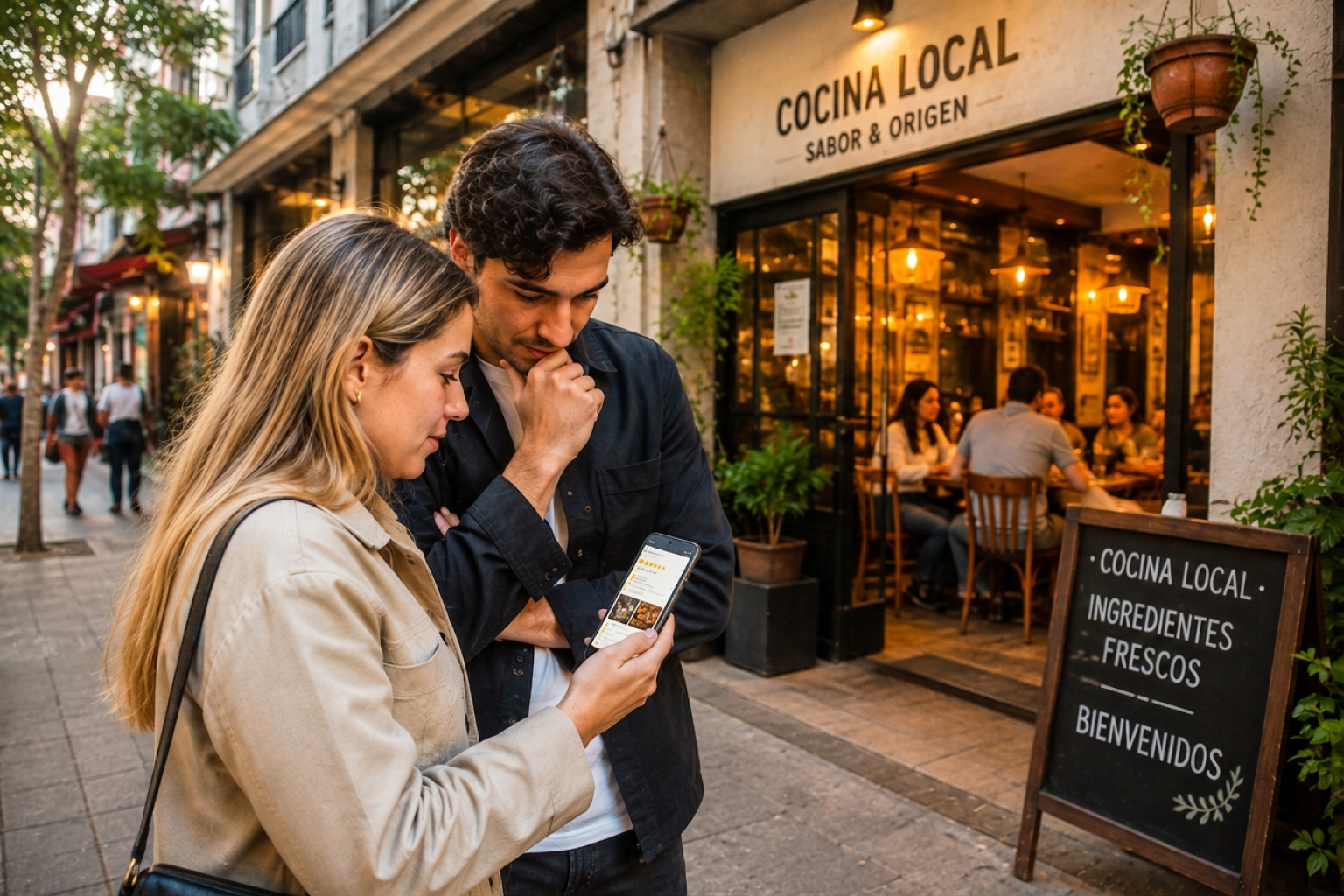 Una pareja consulta una señal reputacional pública antes de decidir entrar a un restaurante independiente.