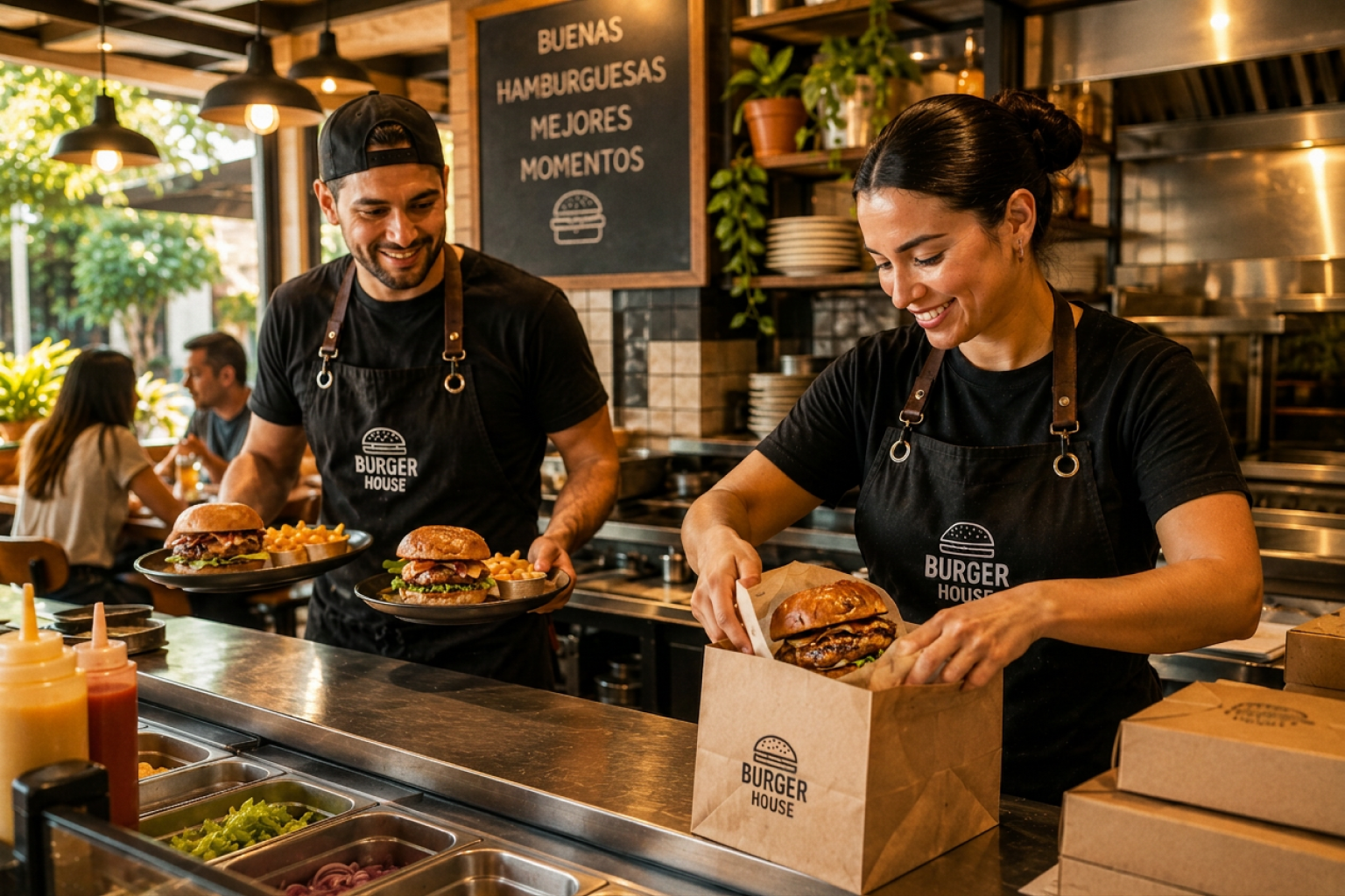 Dos integrantes de una hamburguesería preparan la misma Delicia para servicio en salón y para delivery.