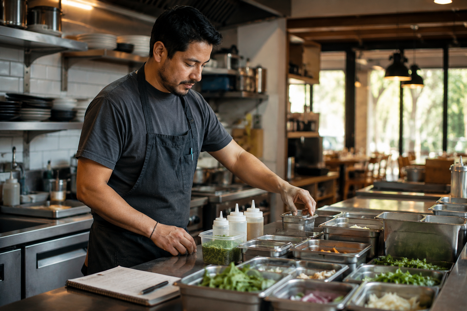 Una persona del equipo revisa una estación de preparación antes del servicio en la cocina de un restaurante.