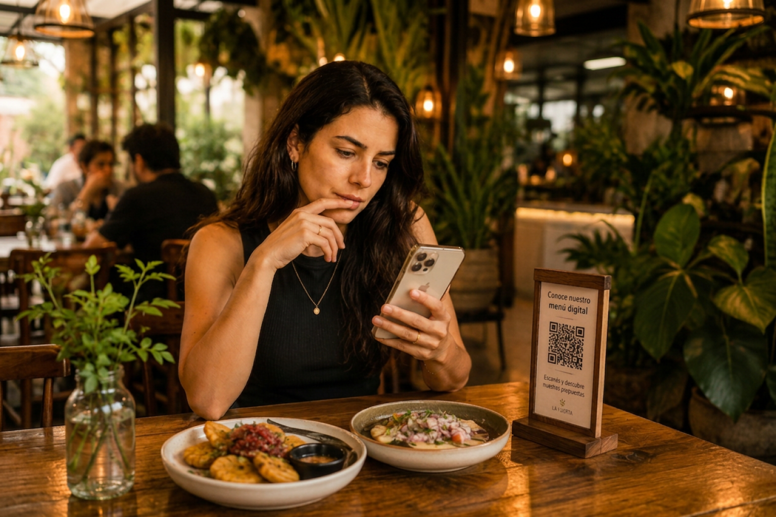 Una clienta revisa opciones de comida en su celular junto a un soporte con código QR y dos platos sobre la mesa.