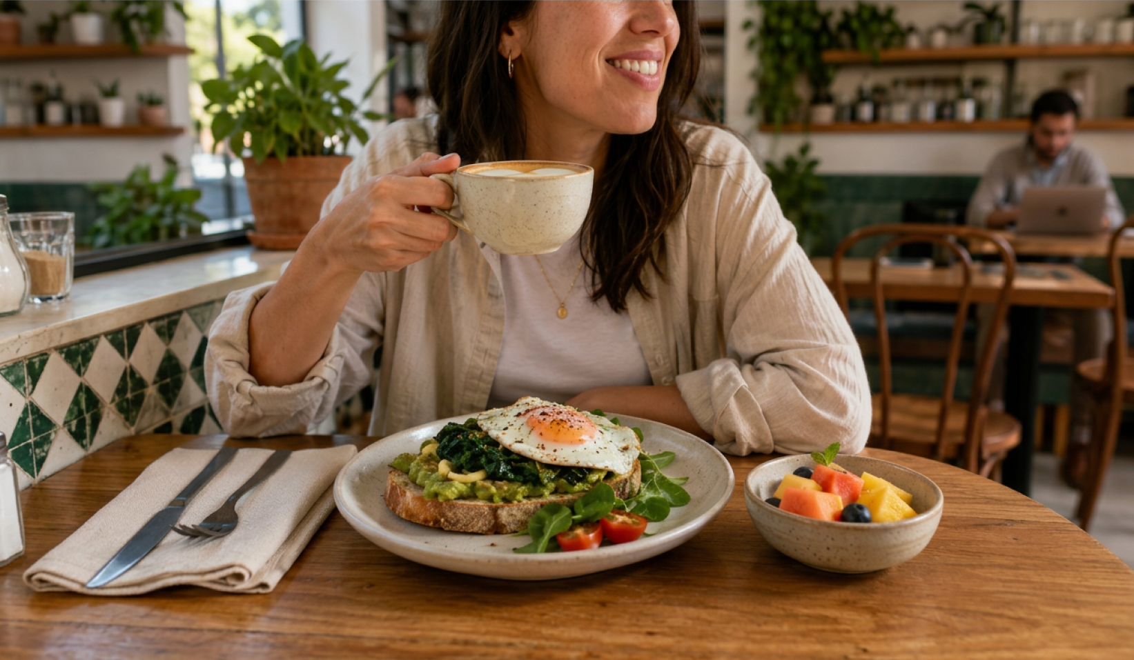 Un desayuno reúne plato principal, café y acompañamiento como una combinación natural sobre la mesa.