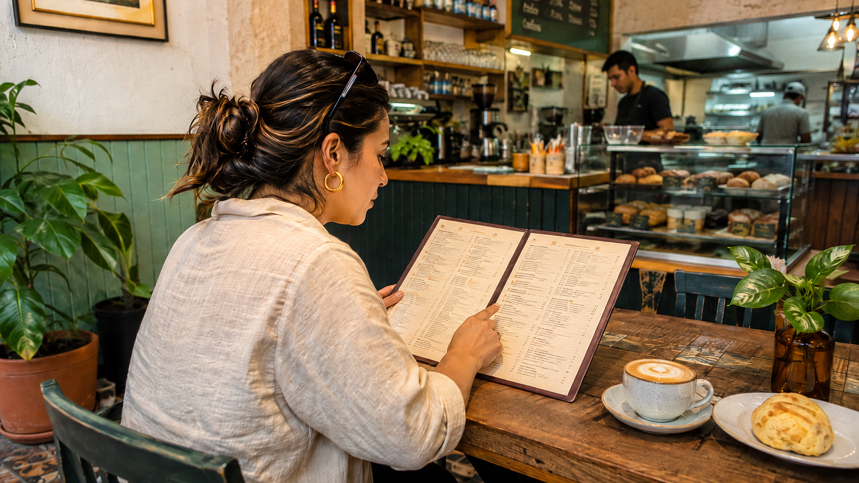 Una mujer revisa una carta extensa en una cafetería mientras el equipo continúa trabajando detrás del mostrador.
