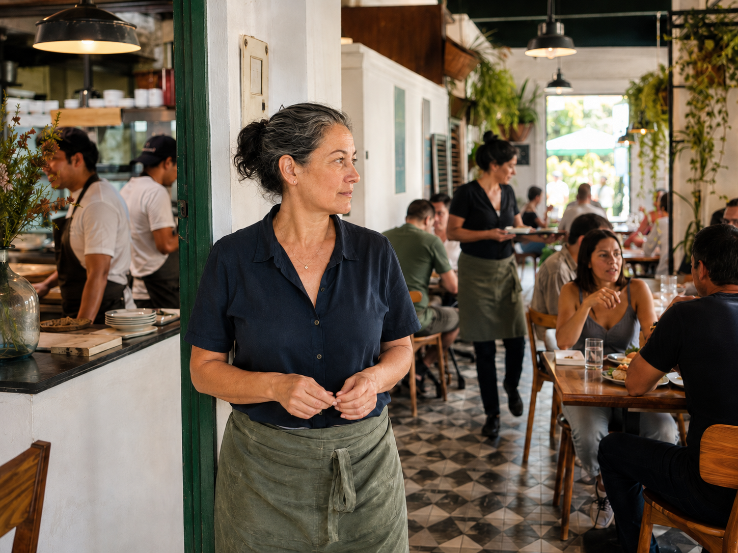 Una responsable observa el servicio mientras clientes y equipo mantienen activo un restaurante.