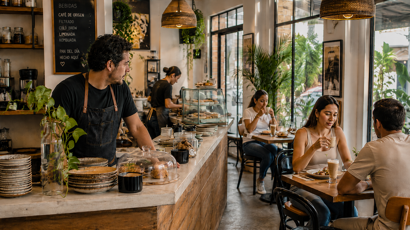 Un encargado observa el salón de una cafetería mientras clientes en distintas mesas disfrutan bebidas y alimentos durante el servicio.