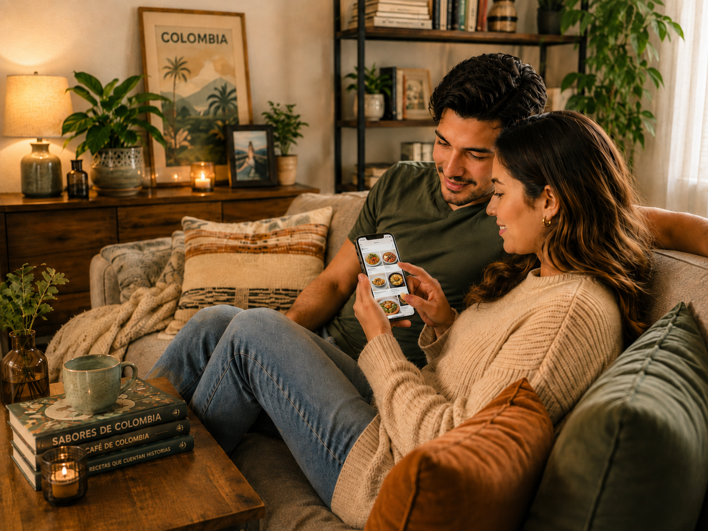 Una pareja explora desde casa un menú digital en el celular.