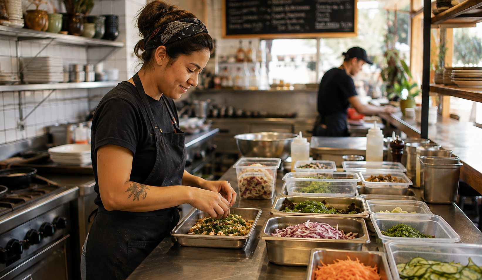 Una trabajadora prepara y organiza distintos ingredientes antes del servicio en la cocina de un restaurante.