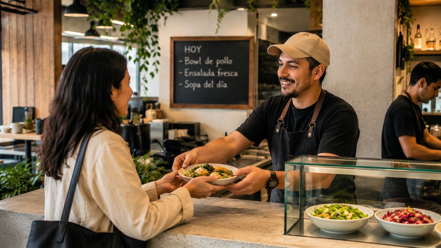 Una persona del equipo entrega un bowl a una cliente en el mostrador de un restaurante, con una oferta corta de almuerzo y preparación organizada visible al fondo.
