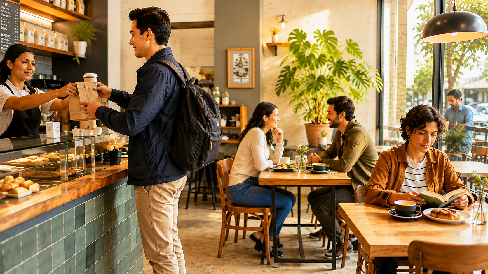 Una persona recoge un pedido para llevar mientras una pareja y otra clienta permanecen en el salón de una cafetería.