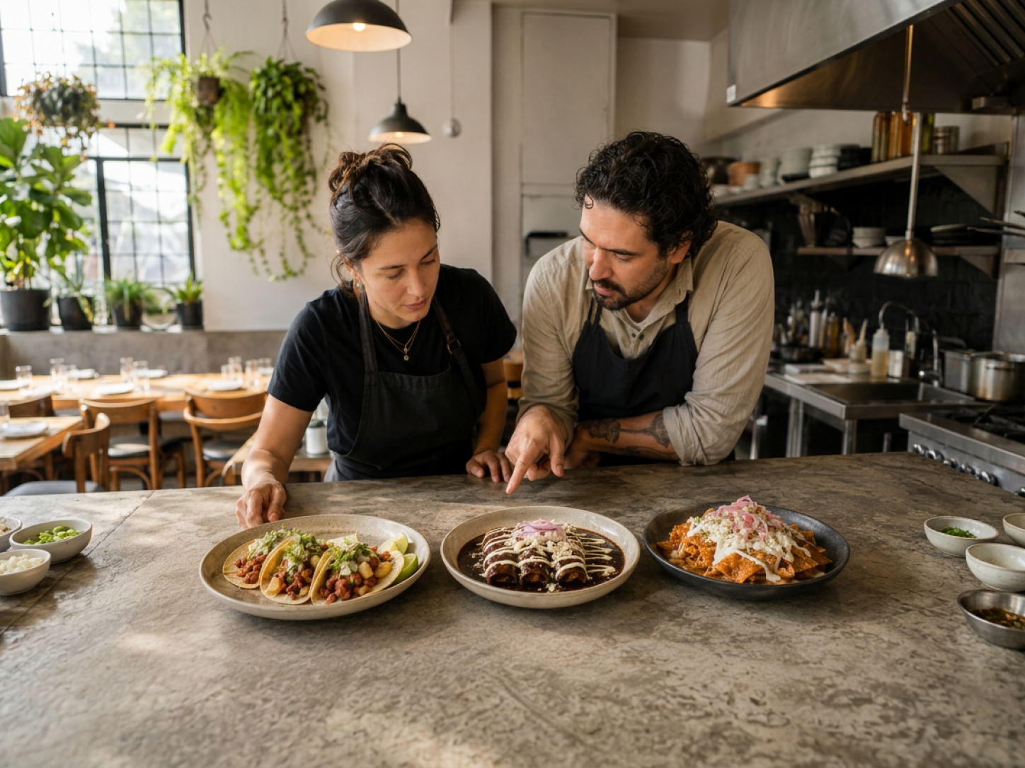 Dos integrantes de un restaurante comparan tres platos mexicanos mientras revisan el papel de cada opción dentro del menú.