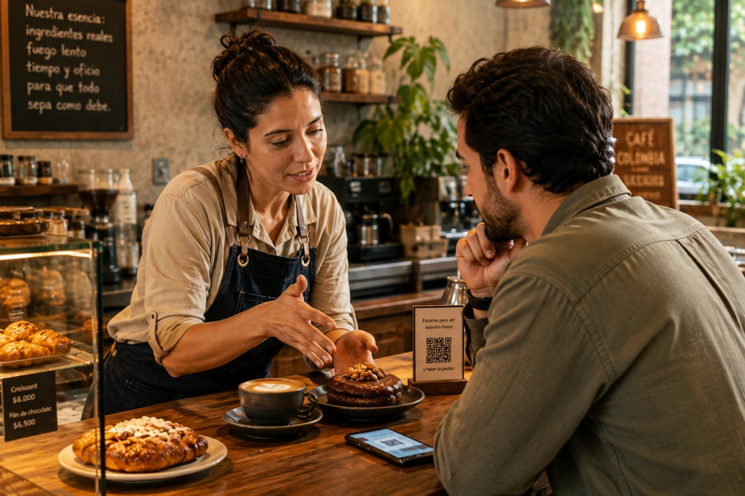 Una persona del equipo orienta a un cliente frente al mostrador de una cafetería.