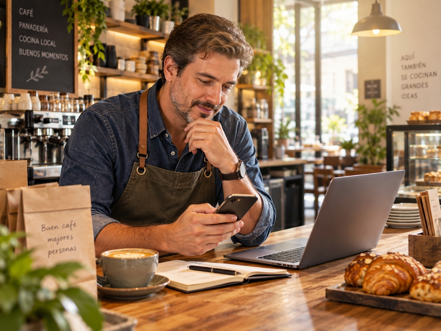 El dueño de una cafetería revisa su celular junto a un portátil en el mostrador de su negocio.