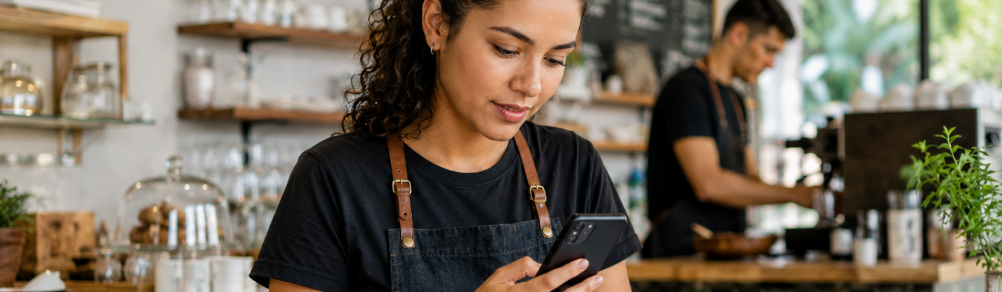 Una barista revisa un comentario en su celular mientras otro miembro del equipo continúa trabajando en una cafetería.